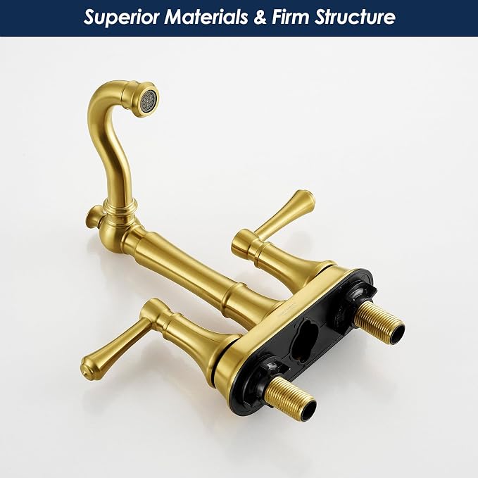 Brushed Gold 4 Inch Centerset Bathroom Faucets for 2/3 Holes Sink | Includes Plastic Pop-Up Drain & Two 23.6" Supply Lines, Classic 4" Center Set Lavatory & Bath Vanity Sink Faucet, Brass Spout