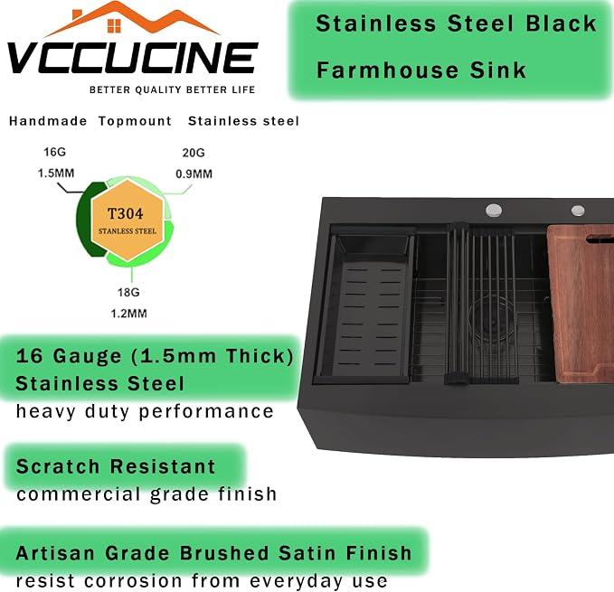 33x22 Inch Drop In Gunmetal Black Farmhouse Sink, 16 Gauge Stainless Steel Single Bowl Apron Front Workstation Farm Sink With Accessories