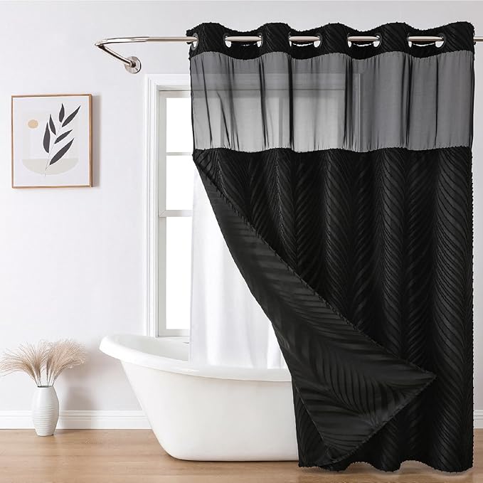 eachope no Hook Shower Curtain and Liner Set，Boho Style with See Through Top Window, Black Fabric Tufted Striped Textured Outer Curtain & Waterproof Inner Liner, DarkBlack, 71Wx86H