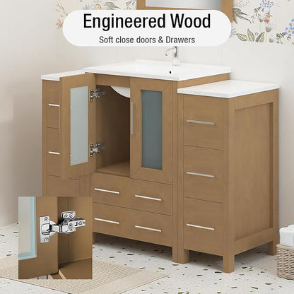HOMEBEYOND 48 Inch Modern Bathroom Vanity with Sink & Mirror, Single Vanity Cabinet with Basin and Mirror, Dove-Tailed Drawers, Soft-Closing Doors, Wood, Natural Oak