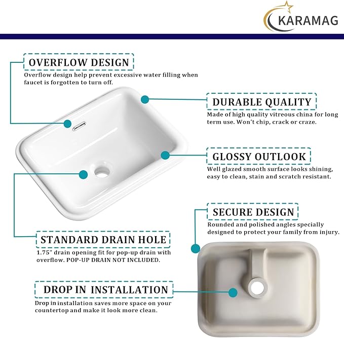 Bathroom Vessel Sink 19x15 Inch Drop In Bathroom Sink Rectangular Semi Recessed Bathroom Sinks with Overflow White Ceramic Modern Sinks Bowl Vanity Above Counter Basin