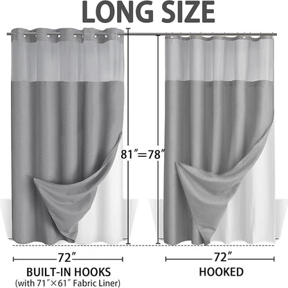 No Hook Shower Curtain and Liner Set,Grey Hotel Waffle Shower Curtain with Liner 81" L x 72" W