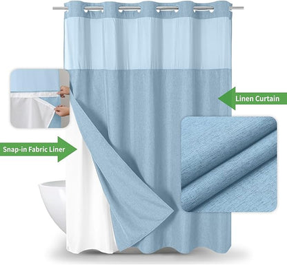eachope No Hook Fabric Shower Curtain with Snap-in Liner,71x74 Fog Blue | Linen Texture,230GSM Thick Fabric,Hotel Luxury Decor,Mesh Window,Bottom magnetic ,Waterproof & Machine Washable,for Bathroom