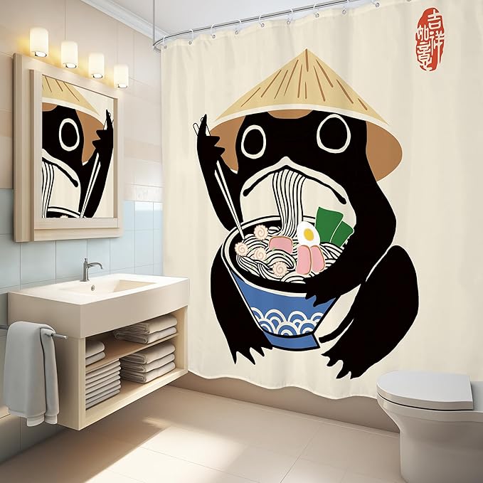 LGhtyro Long Funny Frog Shower Curtain Bathroom Set 71Wx78H Inches Asian Traditional Retro Vintage Cute Noodles Strawhat Men Bath Accessories Japanese Style Animal Art Home Decor Fabric 12 Pack Hooks