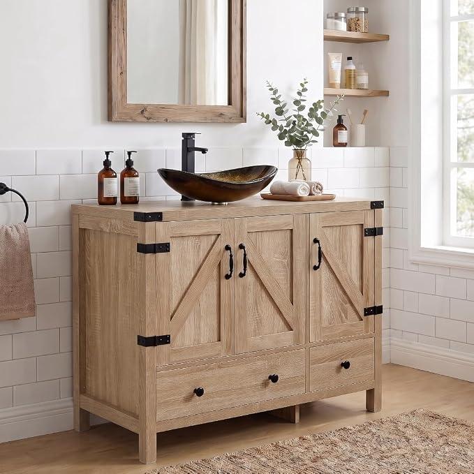 36" Natural Color Bathroom Vanity, Rustic Fixture Standing Pedestal Cabinet with Gold Boat Vessel Sink