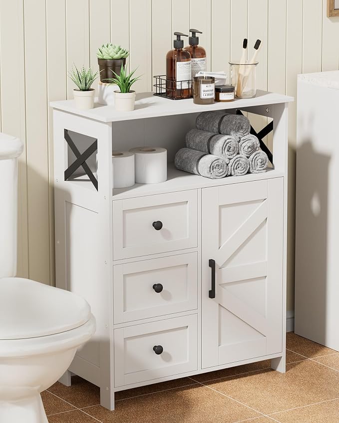 Homhedy Bathroom Storage Cabinet with 3 Drawers, Toilet Paper Cabinet | Farmhouse Freestanding Floor Cabinet with Door and Adjustable Shelf, Small Cabinet for Bathroom, Living Room, White
