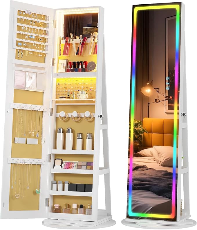 Vlskra Mirror Jewelry Cabinet Standing with Full Length LED Mirror, White | Lockable Jewelry Armoire with 14 RGB Color Modes, Rotating Jewelry Organizer with Dustproof Lock, Gift Idea for Women, Girls