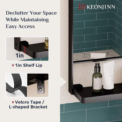 Keonjinn 18 x 28 Inch Black Bathroom Mirror with Shelf, Rust-Resistant | Rounded Corner, Rectangle Metal Bathroom Vanity Mirror with Storage, French Cleat Mount, Entryway, Bedroom, Hallway, Décor