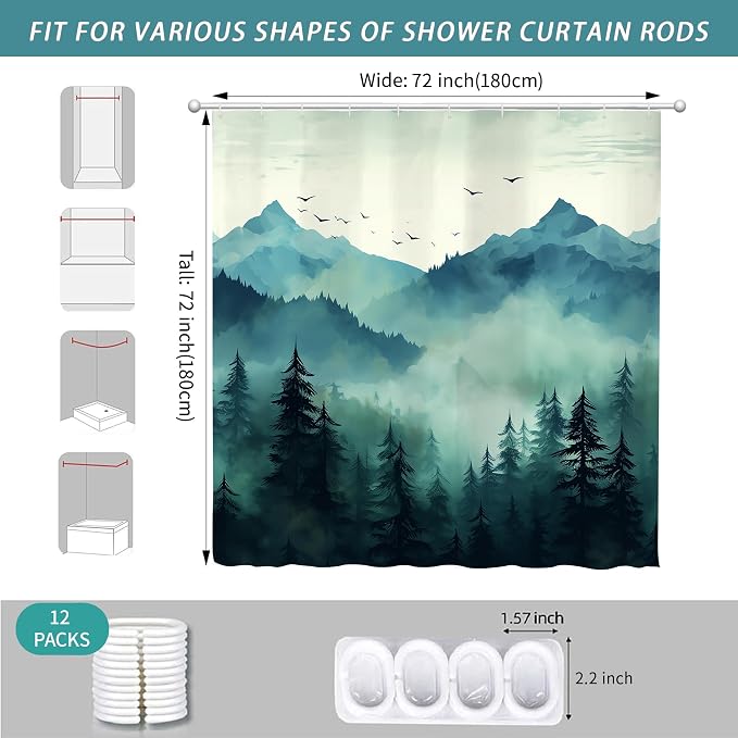 Teal Misty Foggy Forest Shower Curtain for Bathroom 72W*72H Inch Nature Tree Mountain Woodland Bathtub Decor Pine Tree Natural Country Cool Masculine Aesthetic Waterproof Polyester Fabric