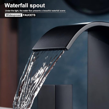 3 Hole Bathroom Faucet, Matte Black 8 inch Bathroom Sink Faucets Widespread 2 Handles, Metal Square Modern Waterfall 3 Hole Bathroom Vanity Faucets with Pop Up Drain, Black Faucet