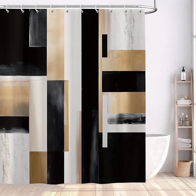 Black and Gold Abstract Shower Curtain Set, Modern Art Aesthetic Oil Painting Shower Curtain, Boho Neutral Artistic Fabric Waterproof Bathroom Curtains with 12PCS Hooks 60X72IN Brown Beige