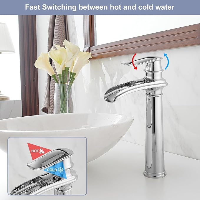 BWE Bathroom Vessel Sink Faucet Waterfall Spout Single Handle One Hole Solid Brass Deck Mount Lavatory Mixer Tap Lavatory Vanity Sink Faucet with Pop Up Drain and Supply Lines Chrome