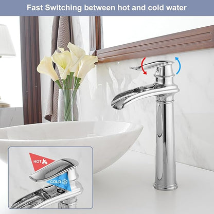 BWE Bathroom Vessel Sink Faucet Waterfall Spout Single Handle One Hole Solid Brass Deck Mount Lavatory Mixer Tap Lavatory Vanity Sink Faucet with Pop Up Drain and Supply Lines Chrome