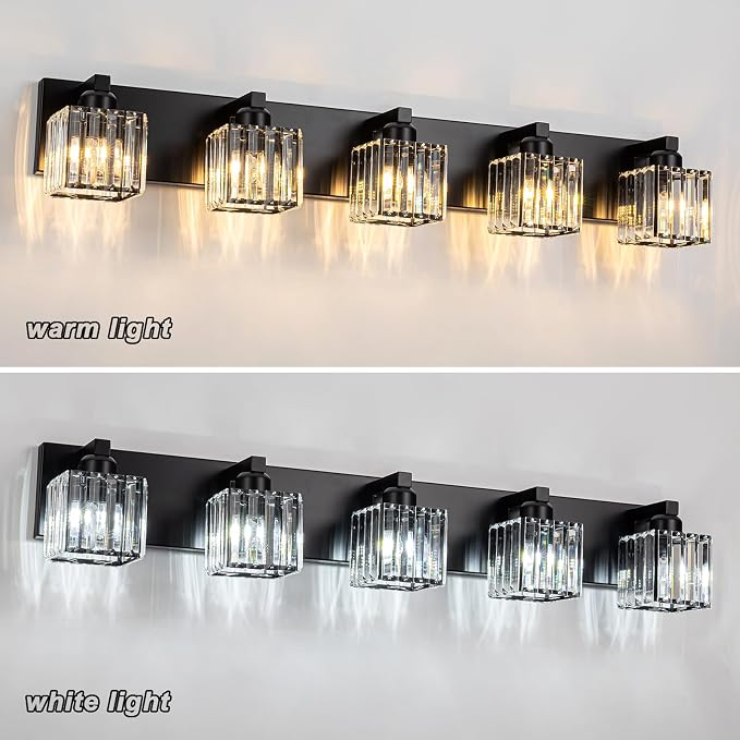 35.43" Black Crystal Bathroom Vanity Light 5-Lights Modern Bathroom Lighting Fixtures Over Mirror, Crystal Wall Light