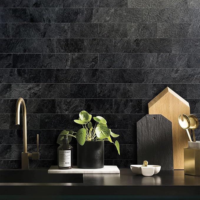 AULIGET 100 Piece Black Slate Peel and Stick Backsplash Wall Tiles, 3" x 6" PVC Faux Stone Stick on Tiles for Backsplash Kitchen, Bathroom, Laundry Room, Camper, Fireplace