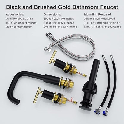 TRUSTMI Brass Bathroom Faucet 2 Handle 8 Inch Widespread Vanity Sink Mixer Faucet with Overflow Pop Up Drain Assembly, Matte Black and Brushed Gold