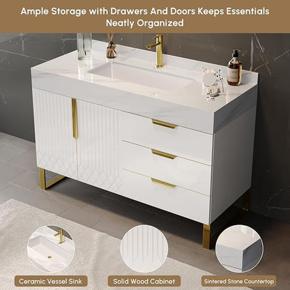 Bathroom Vanity with Sink, Modern Bathroom Vanity with Faux Marble Top, Gold Hardware & Soft-Close Drawers for Bathroom Storage (35.4 Inch, White, Single Sink & Freestanding)