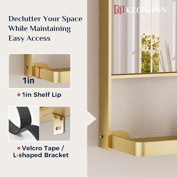 Keonjinn 18" x 28" Gold Bathroom Mirror with Shelf, Rounded Corner | Rust-Resistant, Rectangle Metal Bathroom Vanity Mirror with Storage, French Cleat Mount, Entryway, Bedroom, Hallway, Décor