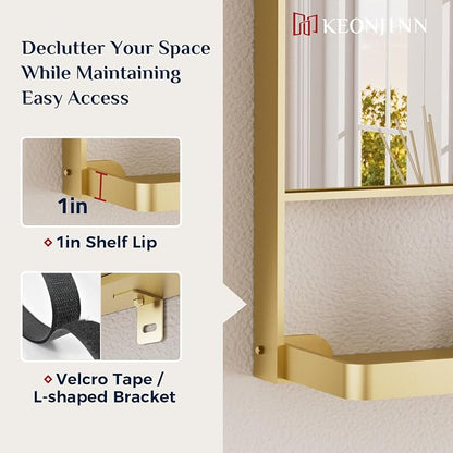 Keonjinn 18" x 28" Gold Bathroom Mirror with Shelf, Rounded Corner | Rust-Resistant, Rectangle Metal Bathroom Vanity Mirror with Storage, French Cleat Mount, Entryway, Bedroom, Hallway, Décor