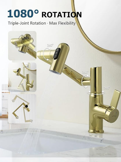 Lefton Rotatable Bathroom Faucet with Temperature Display in Fahrenheit (Batteries-Free), 3 Water Outlet Modes, Polished Gold, BF2204-5