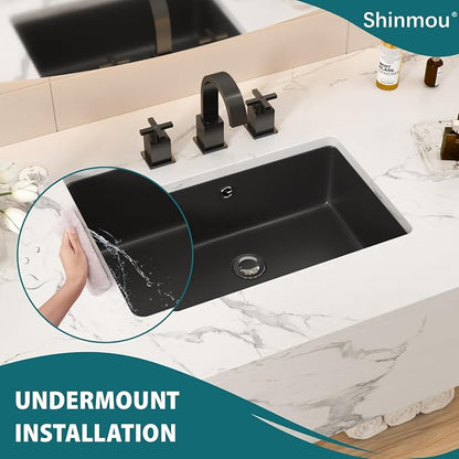 Black Ceramic 18"x12" Undermount Bathroom Lavatory Sink | Rectangle under counter black bathroom vessel sink for bathroom with overflow