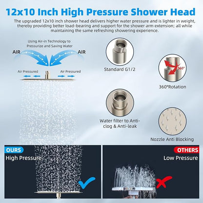 Hibbent 12" Dual Filtered Shower Head 10-spray Handheld, Brushed Nickel | All Metal High Pressure Rainfall Shower Head Combo with Filter, 16" Extension Arm, 3-way Diverter, 71" Hose & Shower Holder