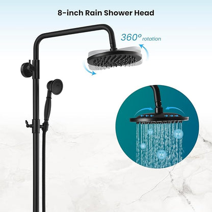 gotonovo Exposed Bathroom Shower Faucet Wall Mounted Shower System 8 Inch Shower Head and Tub Spout Double Cross Handles Adjustable Handheld Sprayer Straight Pipe Matte Black