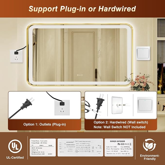 32x55 Inch Gold Framed LED Bathroom Mirror with Lights,Smart Bathroom Mirror,Motion Sensor,Tempered Glass,Anti-Fog,Stepless Dimmable & 3 Colors,Memory,Vanity Mirror for Wall
