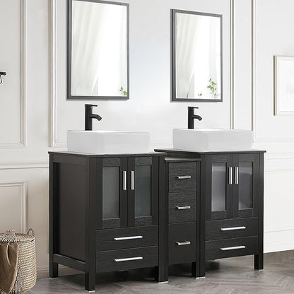 UEV 60" Double Sink Bathroom Vanity,Black Bathroom Vanity with Double Side Vanity Cabinets & Removable 3 Drawer Storage Cabinet with Modern Vessel Sink Combo,Mirror Not Included(031WH)
