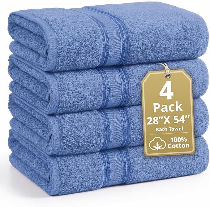 LANE LINEN Bath Towel Set Quick Dry 100% Cotton 4 Piece Soft - Allure | Cotton Towels - Classic Terry Weave, Densely Woven, Coordinated Colors, Dobby Border Accent, OEKO-TEX Certified