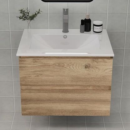 Wall-Mounted Bathroom Vanity with 2 Soft-Close Drawers – Moisture-Resistant MDF, Space-Saving Design for Modern Bathrooms (Nature Without Sink, 24)
