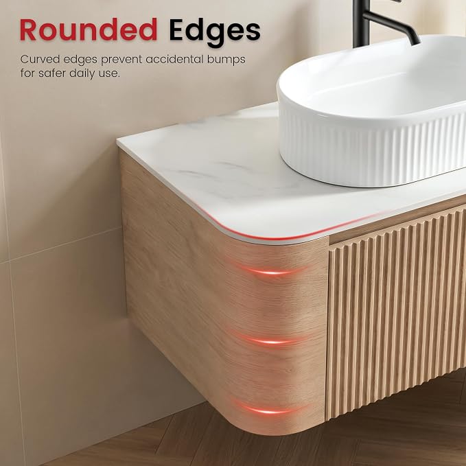 48" Floating Bathroom Vanity with White Sink, Honey Oak | Pre-Assembled Fluted Wall Mounted Vanity with Ceramic Vessel Sink, Rounded Edges, Soft-Close Drawer & Towel Rack