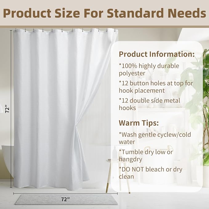 Siiluminisoy Shower Curtain with Liner, Waffle Shower Curtain Set with 12 Stainless Steel Hooks, Waterproof, Machine Washable, Luxury Fabric Shower Curtains for Apartment, White, 72" W x 72" H