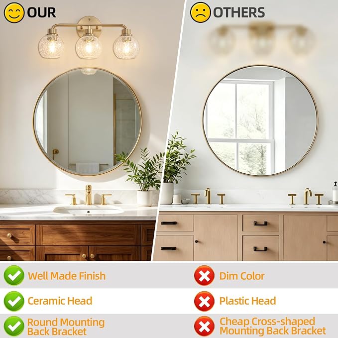 Bathroom Light Fixtures Gold Vanity Light 3 Light Brushed Brass | Wall Sconces Lighting with Crackle Globe Glass Shades Bath Wall Lamp for Mirror Kitchen Living Room Bedroom Hallway