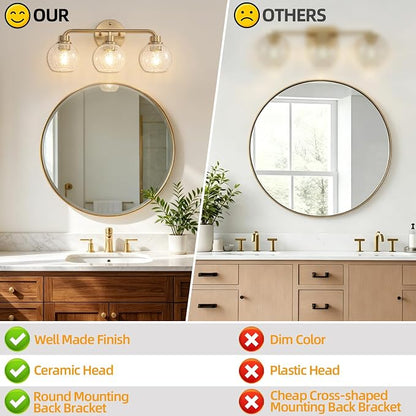 Bathroom Light Fixtures Gold Vanity Light 3 Light Brushed Brass | Wall Sconces Lighting with Crackle Globe Glass Shades Bath Wall Lamp for Mirror Kitchen Living Room Bedroom Hallway