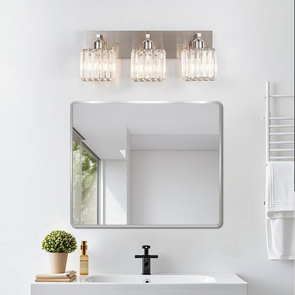 Modern Bathroom Vanity Light 3-Lights,Crystal Light Fixtures,Chrome | Crystal Light Fixtures Over Mirror,Chrome Bathroom Vanity Lighting Crystal Wall Sconce,Warm Light