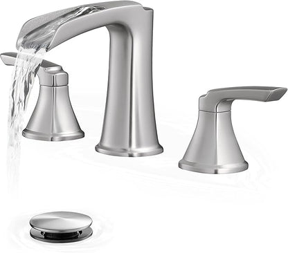 Brushed Nickel Bathroom Faucets, Brass Widespread Waterfall Faucet for Bathroom Sink, 3 Hole Bathroom Sink Faucet, 8 Inch 2 Handle Bathroom Vanity Faucets with Pop-up Drain for Lavatory RV
