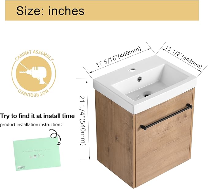 Malwee 18" Floating Bathroom Vanity with Sink, 18 inch Modern Brown Wall Mounted Bathroom Cabinet Combo for Small Space, Narrow Bath Wall-Hung Vanity Set with 1 Ceramic Basin and 1 Door(18imo)