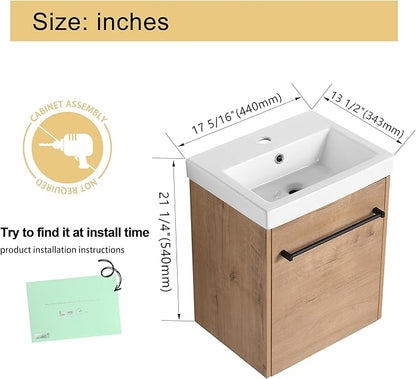 Malwee 18" Floating Bathroom Vanity with Sink, 18 inch Modern Brown Wall Mounted Bathroom Cabinet Combo for Small Space, Narrow Bath Wall-Hung Vanity Set with 1 Ceramic Basin and 1 Door(18imo)