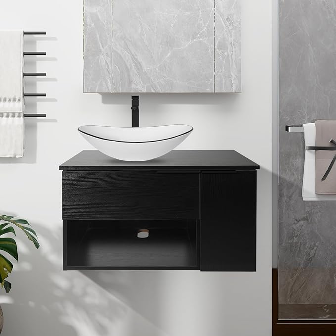 28-Inch Black Floating Bathroom Vanity with 1-Door and 1-Drawer, Modern Wall Mounted Cabinet with White Ceramic Boat Vessel Sink
