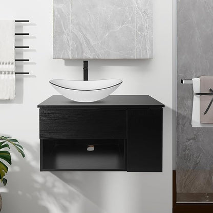 28-Inch Black Floating Bathroom Vanity with 1-Door and 1-Drawer, Modern Wall Mounted Cabinet with White Ceramic Boat Vessel Sink