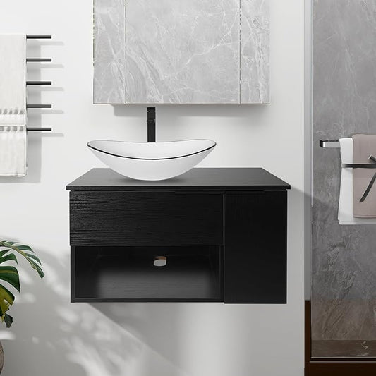 28-Inch Black Floating Bathroom Vanity with 1-Door and 1-Drawer, Modern Wall Mounted Cabinet with White Ceramic Boat Vessel Sink