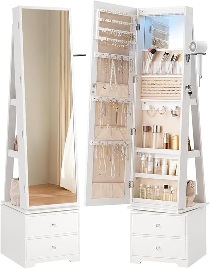 HOOBRO 360° Swivel Jewelry Cabinet with LED Lights, Standing Jewelry Armoire with 2 Drawers, Rotatable Full-Length Mirror Jewelry Organizer, Lockable Jewelry Storage Cabinet Makeup Brush Boxes, White