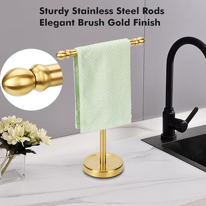 Hand Towel Holder Gold, T-Shape Hand Towel Stand for Bathroom, Stand Hand Towel Rack Free-Standing Towel Bar for Bathroom Kitchen Countertop, Stainless Steel