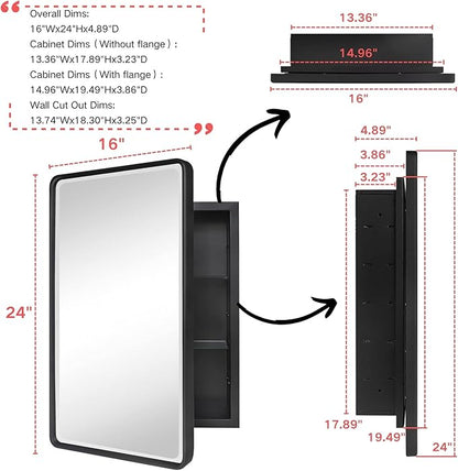 TEHOME Farmhouse Black Metal Framed Recessed Bathroom Medicine Cabinet with Beveled Mirror Rounded Rectangle Bathroom Medicine Cabinet 16x24 inch
