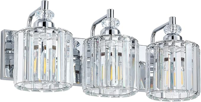 3-Light Modern Bathroom Light Fixture Chrome Bathroom Vanity Lights Over Mirror Wall Sconce Lighting with K9 Crystal Shades E26 Base for Bedroom, Living Room, Hallway, Cabinet Wall Lamp