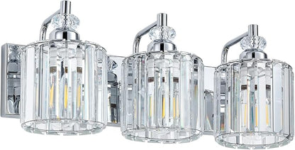 3-Light Modern Bathroom Light Fixture Chrome Bathroom Vanity Lights Over Mirror Wall Sconce Lighting with K9 Crystal Shades E26 Base for Bedroom, Living Room, Hallway, Cabinet Wall Lamp