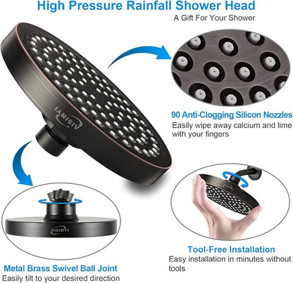 6" High Pressure Rain Shower Head, Luxury Oil Rubbed Bronze Finish | 6 Inch Fixed Bathroom Showerhead, Adjustable Replacement, 90 Anti-Clog Nozzles, Removable Restrictor, Tool-Free Easy Install