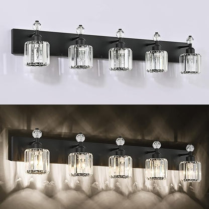 PRESDE 5-Light Crystal Bathroom Vanity Light Modern Matte Black Bathroom Lights Fixtures Over Mirror Wall Lamp for Over Mirror Bedroom Hallway