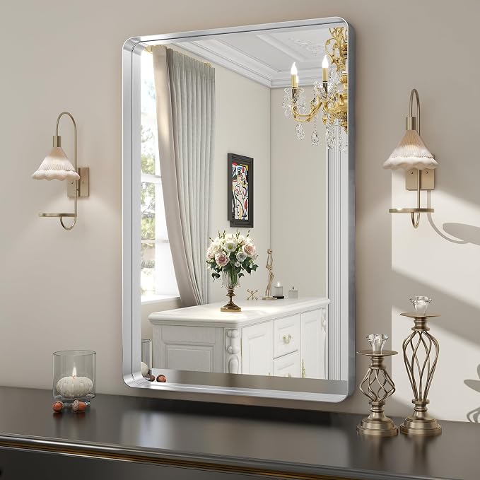 Easly Silver Bathroom Mirror for Wall, 30x22 Inch Rectangular Aluminum Alloy Framed Mirror, Modern Wall Mounted Vanity Mirror for Bathroom, Vertical or Horizontal